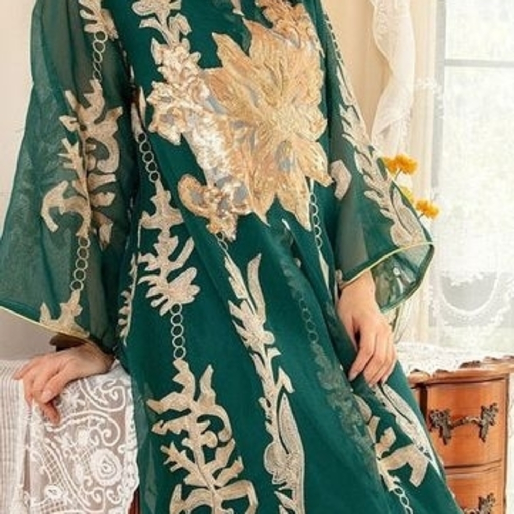 Embroidered Emerald Green Maxi Dress with Gold Accents